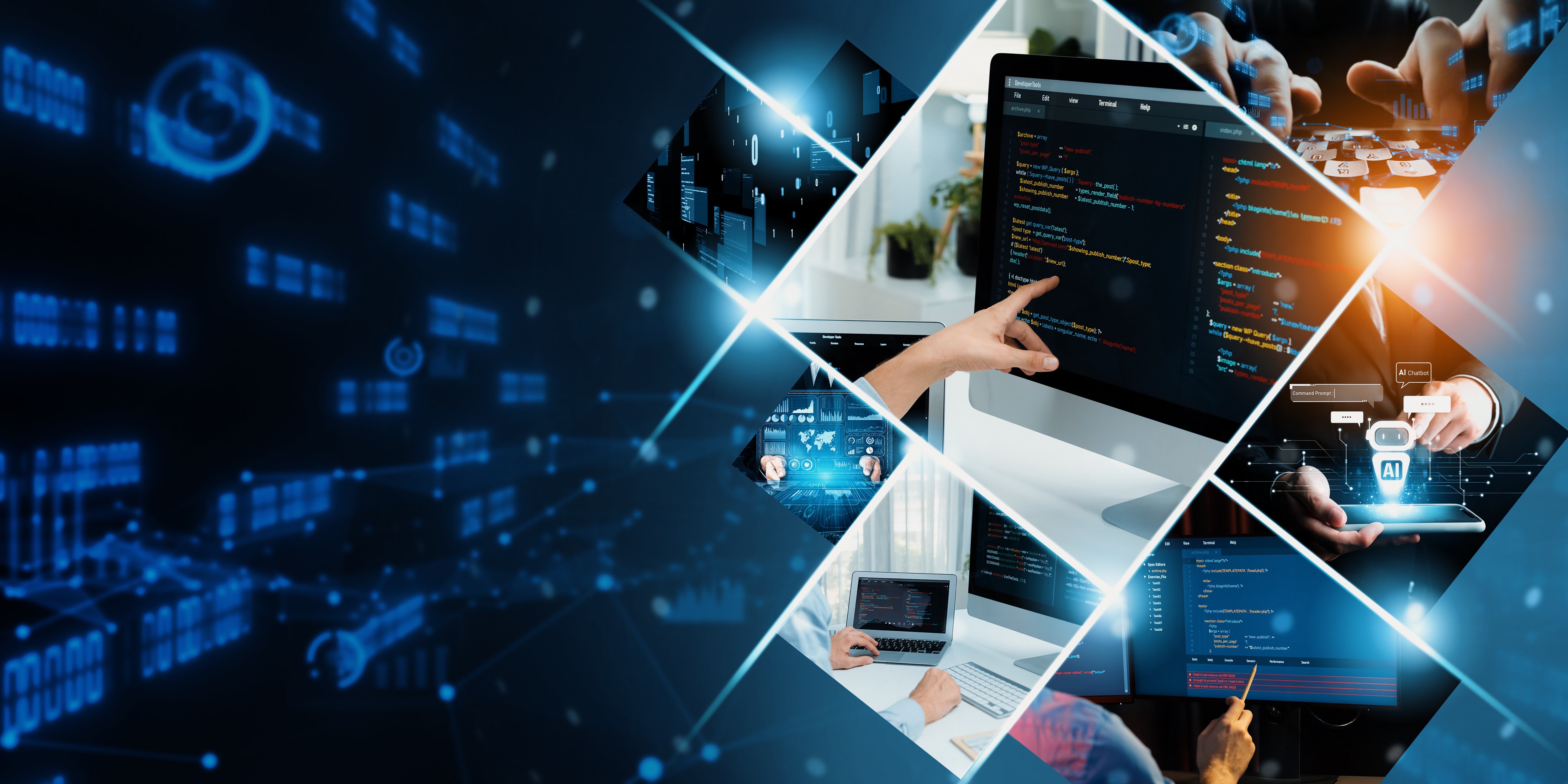 Software engineers reviewing application code, analytics dashboards and AI tools